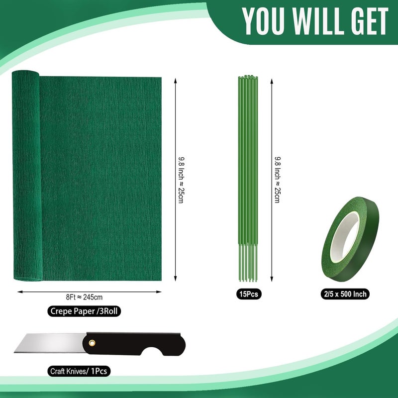 VNAKER Crepe Paper Roll Dark Green (9.8Inch x 8.2Ft/3Rolls), Thick Papel Crepe Set, Crepe Paper Sheet for Flower Making, Crepe Paper for Valentine's Day, Birthday Wedding Decoration DIY Craft - Image 2